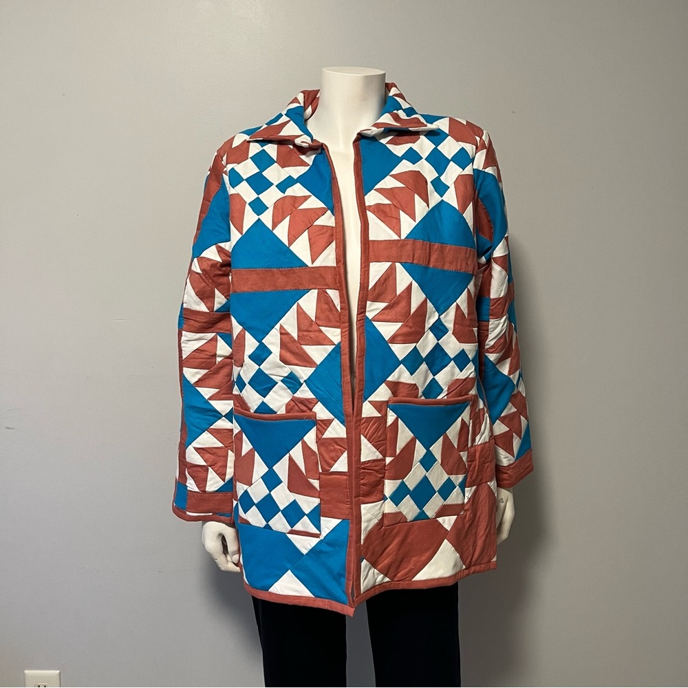Hand Crafted Lightweight Patchwork Spring Jacket in Blue Red Color One Size